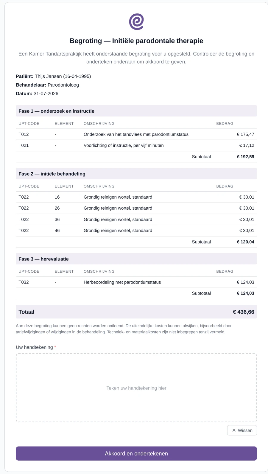 Begroting met per fase de codes, de elementen en de bedragen, klaar om te ondertekenen
