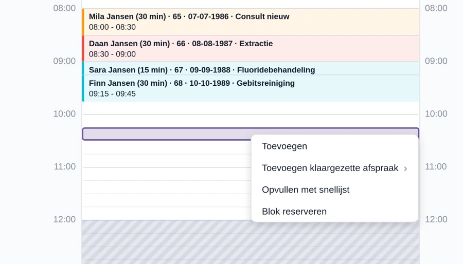 Agenda met een leeg blok en het menu Opvullen met snellijst, plus het bericht dat de patiënt ontvangt